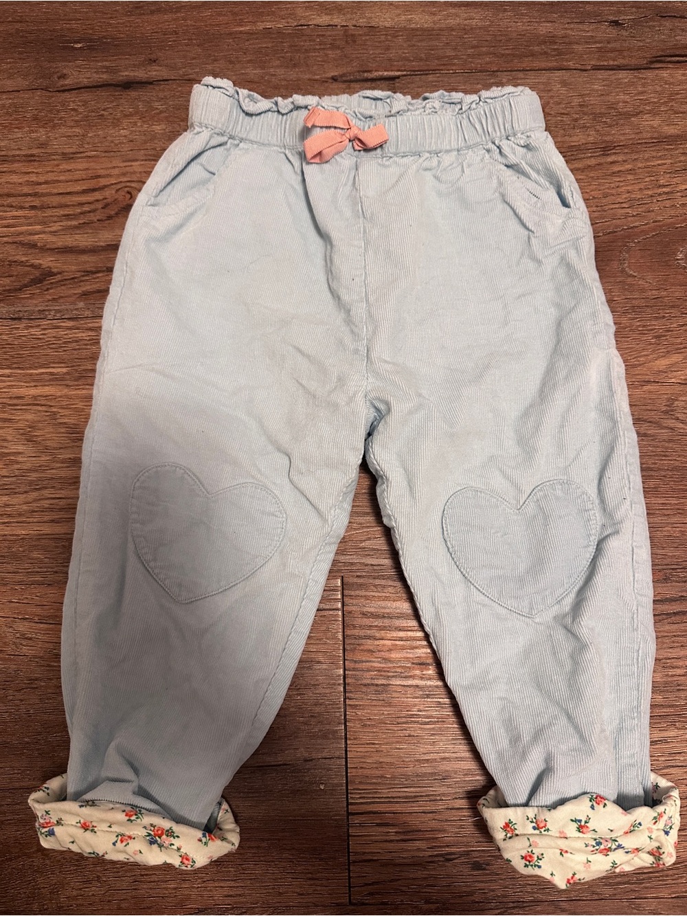 Boden Light Blue Girls' Heart-Knee Pants with Pink Bow